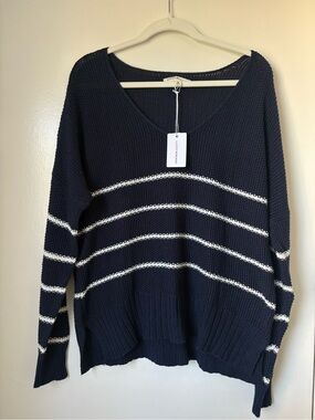 Lucky Brand Navy and White V-Neck Striped Sweater